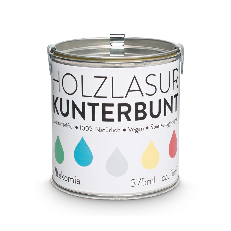 Holzlasur aus nachwachsenden Rohstoffen - weiß, blau, grün, gelb