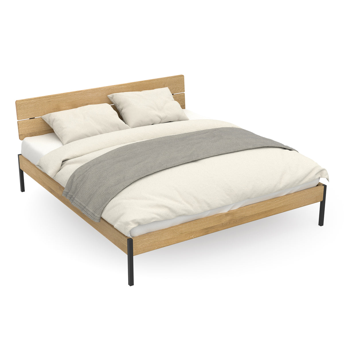 Minimalistisches Bett Luna Comfort mit Kopflehne aus Eiche und schwarzem Stahl