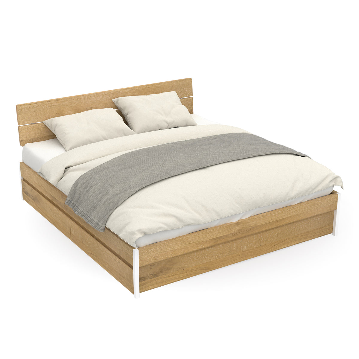 Bett aus Eiche mit weißen Füßen und Bettkästen