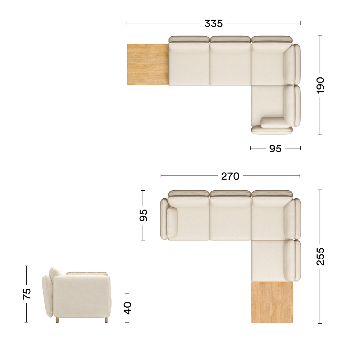Maße Ecksofa Mio Soft eiche 4-Sitzer mit Tisch