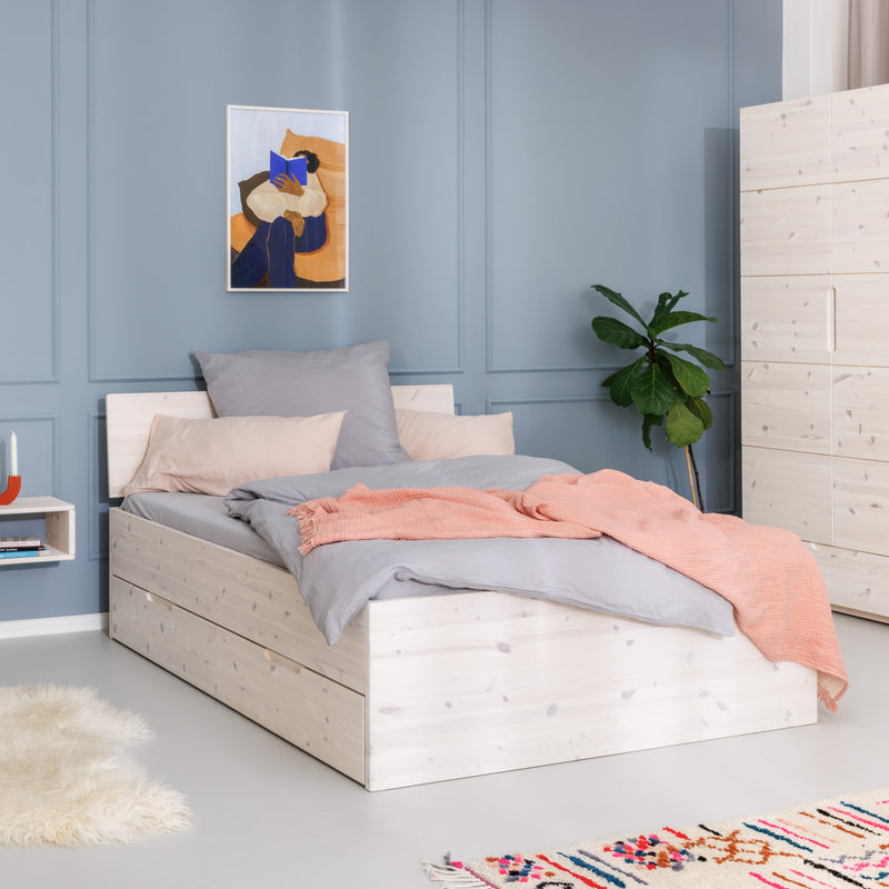 Bett Lade Storage mit Kopffteil und Bettkästen aus weiß lasiertem Massivholz