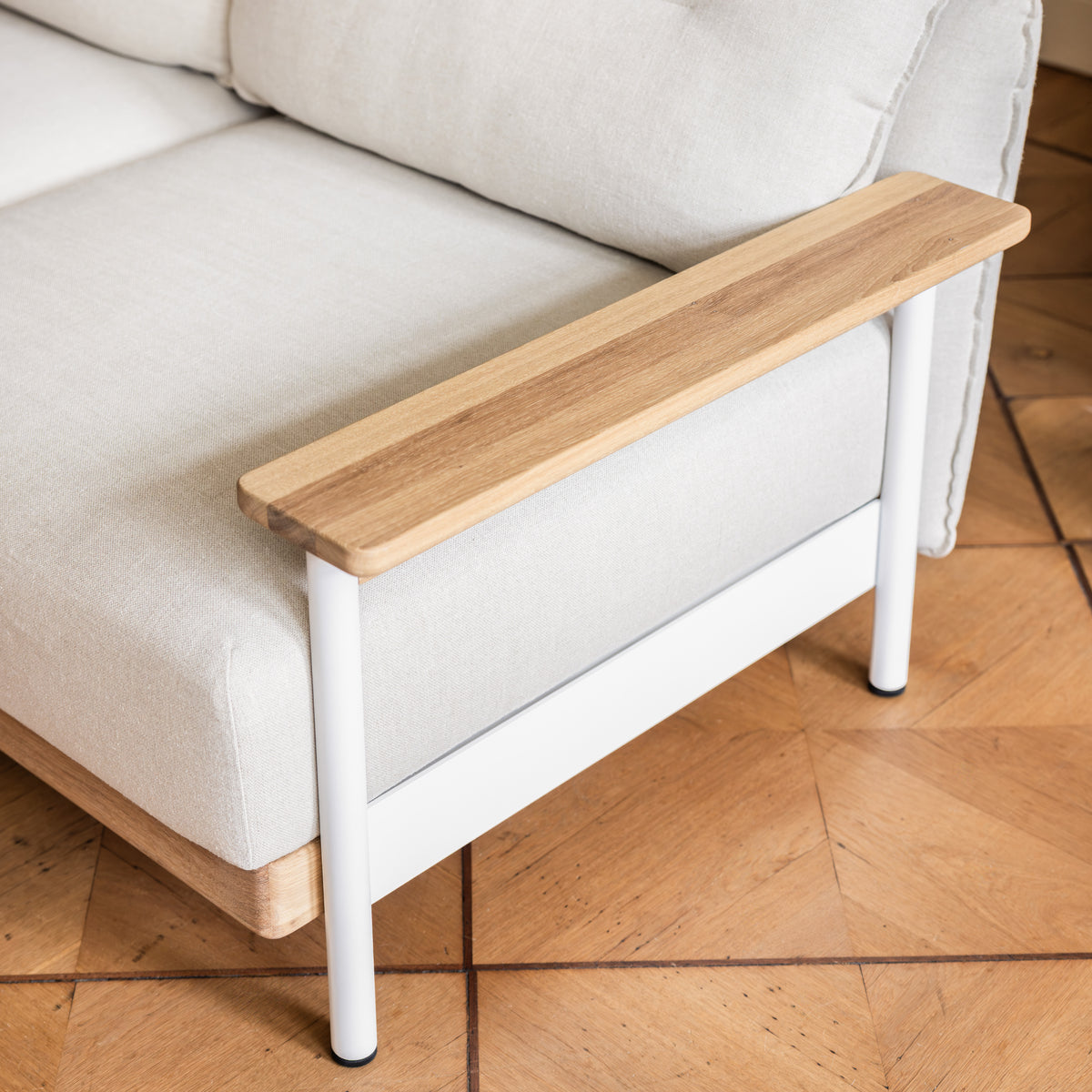 Design Sofa aus Eiche, Metall und Leinen