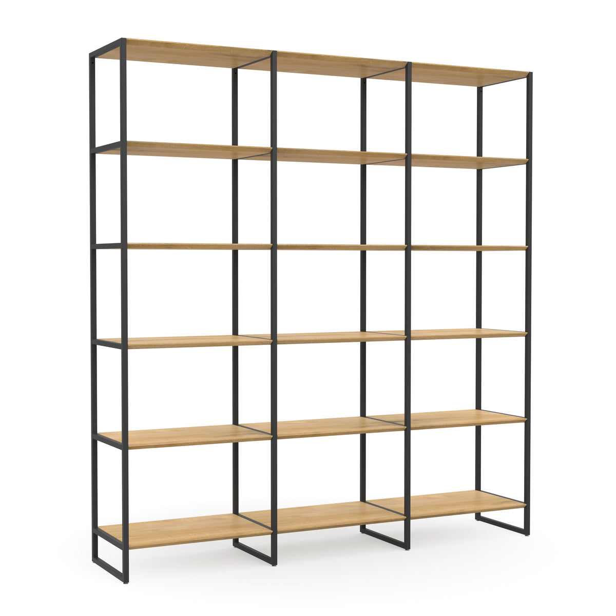 Minimalistisches Regal mit robusten schwarzen Metallbeinen und Eiche