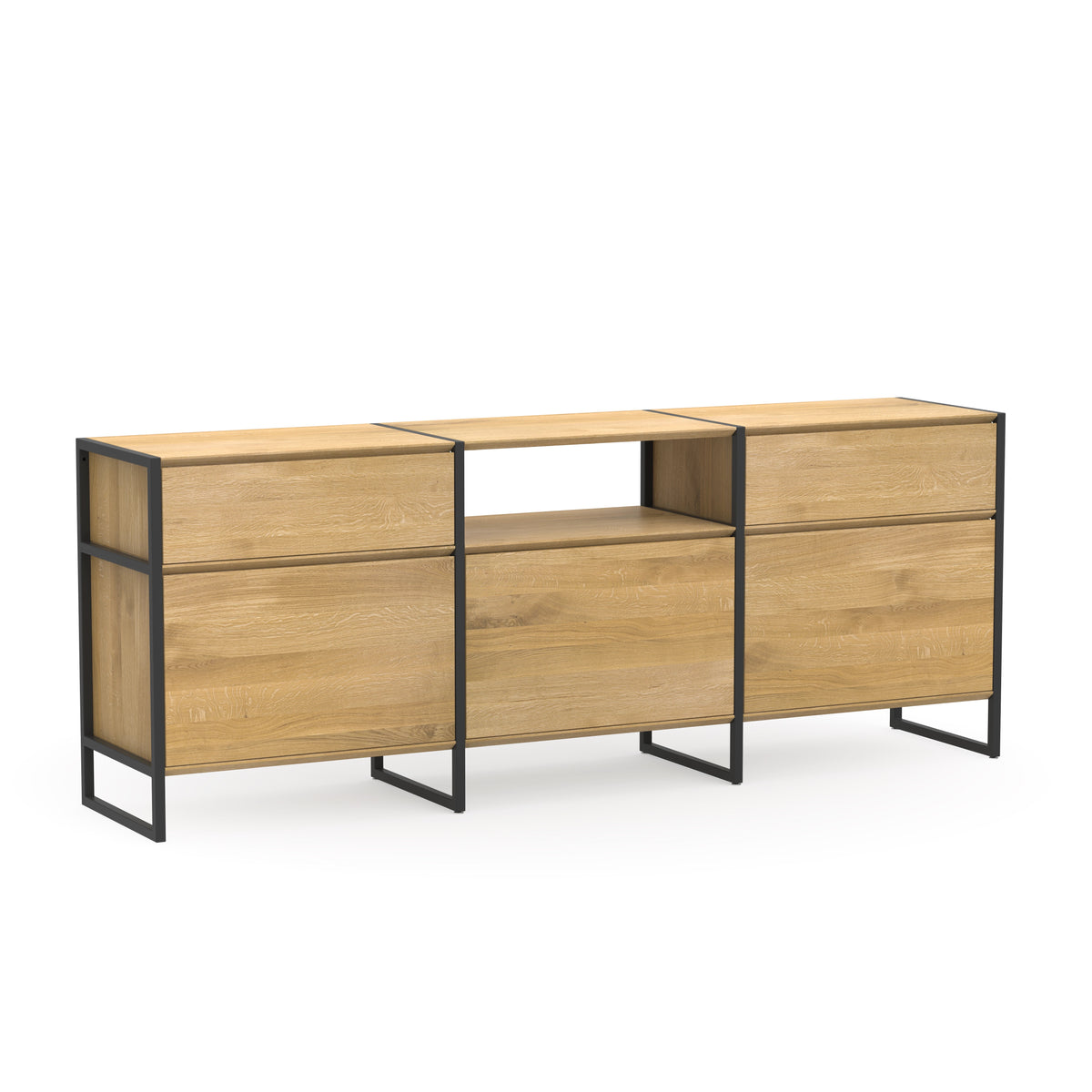 Modulares Sideboard aus massivem Eichenholz und schwarzem Metall mit Türen & Schubladen
