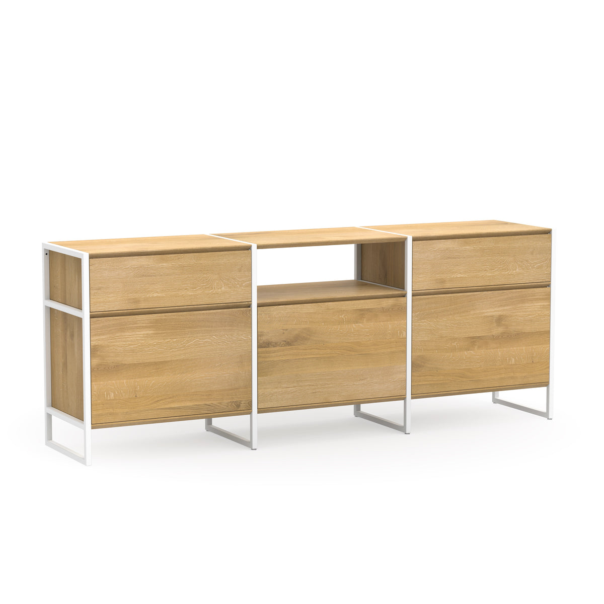 Modulares Design Sideboard aus massivem Eichenholz und weißem Metall mit Türen, Schubladen