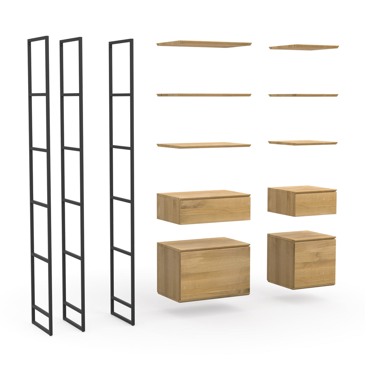 Modulares Regalsystem aus Massivholz mit schwarzen Metallbeinen 