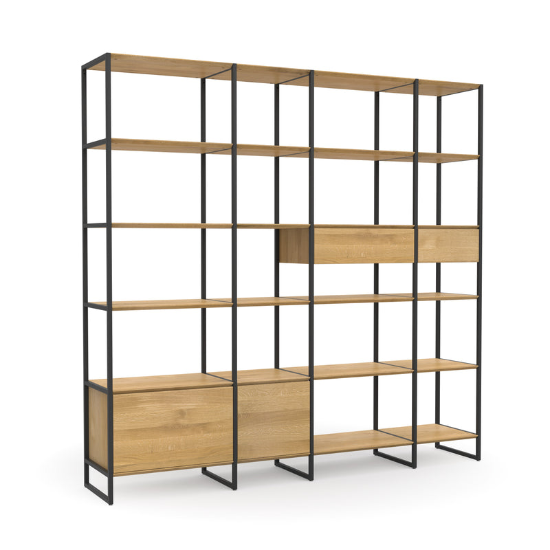 Regal aus Massivholz mit schwarzen Metallrahmen, Schubladen und Türen