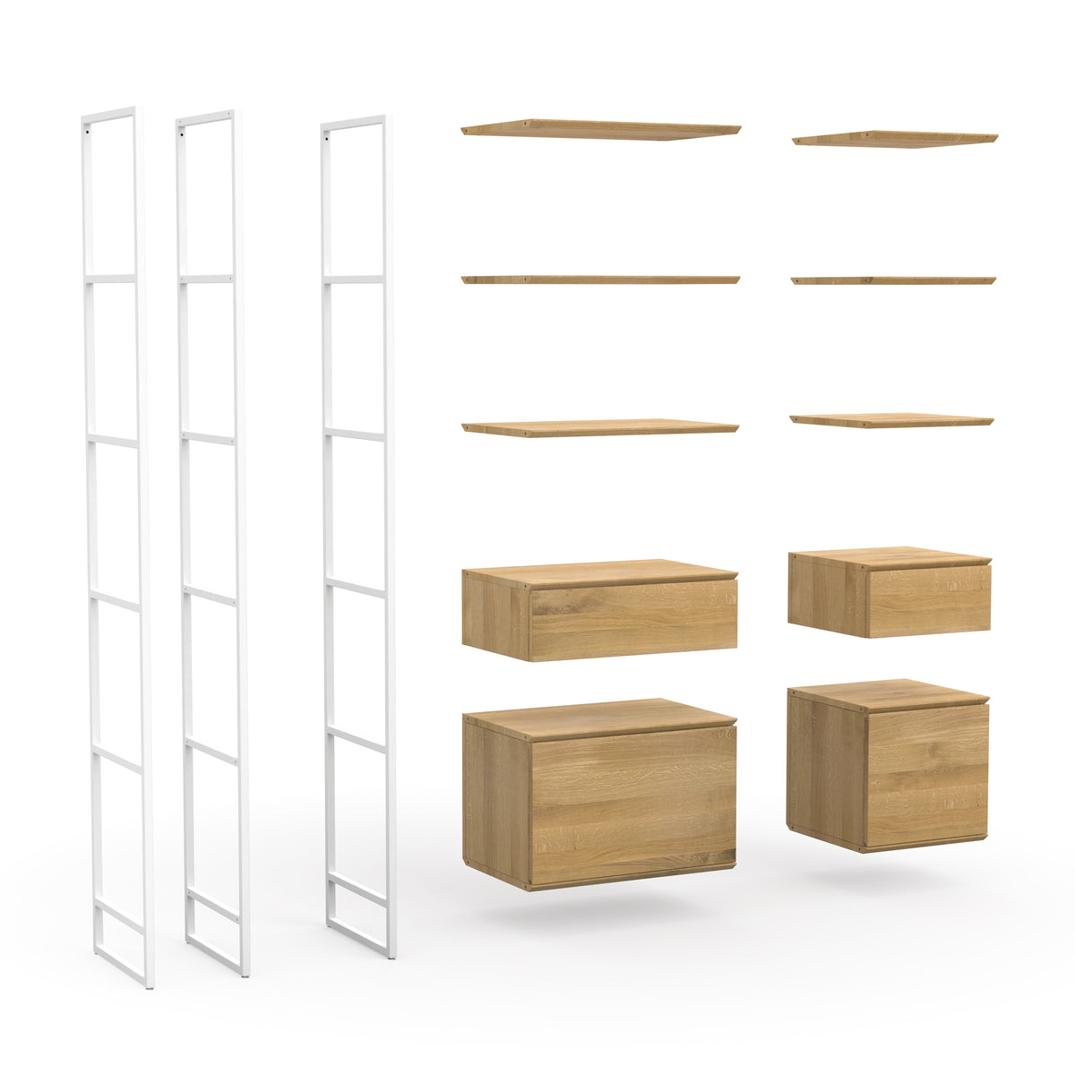 Modulares Regal-System aus Eiche mit weißen Metallbeinen 