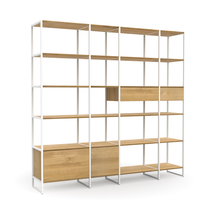 Regal aus Massivholz mit weißen Metallrahmen, Schubladen und Türen
