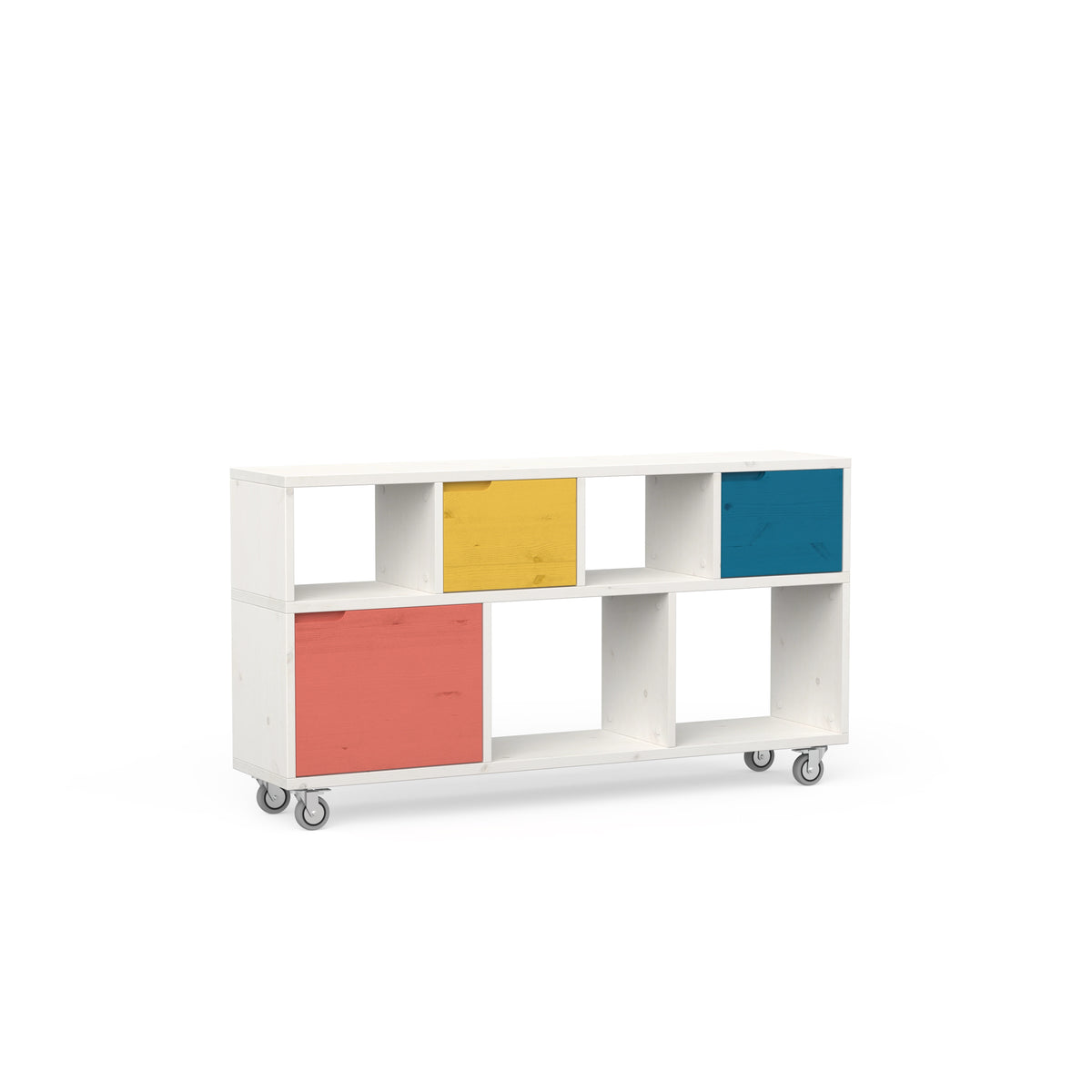 Robustes Sideboard aus massivem Holz in weiß lasiert und bunten Türen auf Rollen