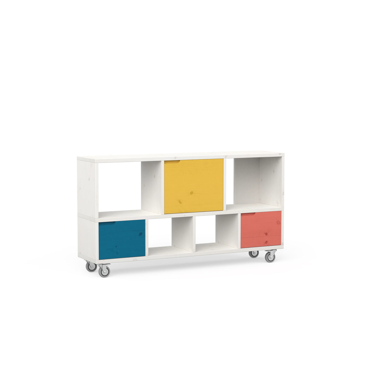 Modernes Sideboard aus massivem Holz in weiß lasiert und bunten Türen auf Rollen