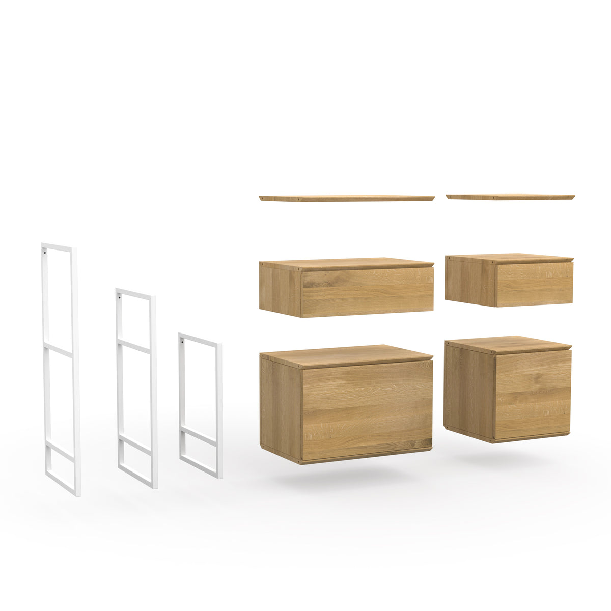 Konfigurierbare Sideboards aus Naturholz mit Regalböden, Schubladen & Türen und weißem Metall Details