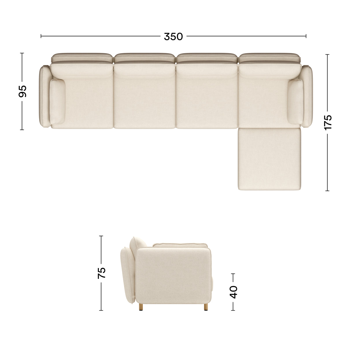 Maße Sofa Mio Soft Eiche 4-Sitzer mit Chaiselongue