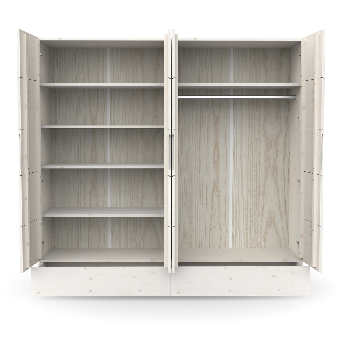 Weißer 4-Türiger Kleiderschrank mit Schubladen, vielen Regölböden und Kleiderstangen