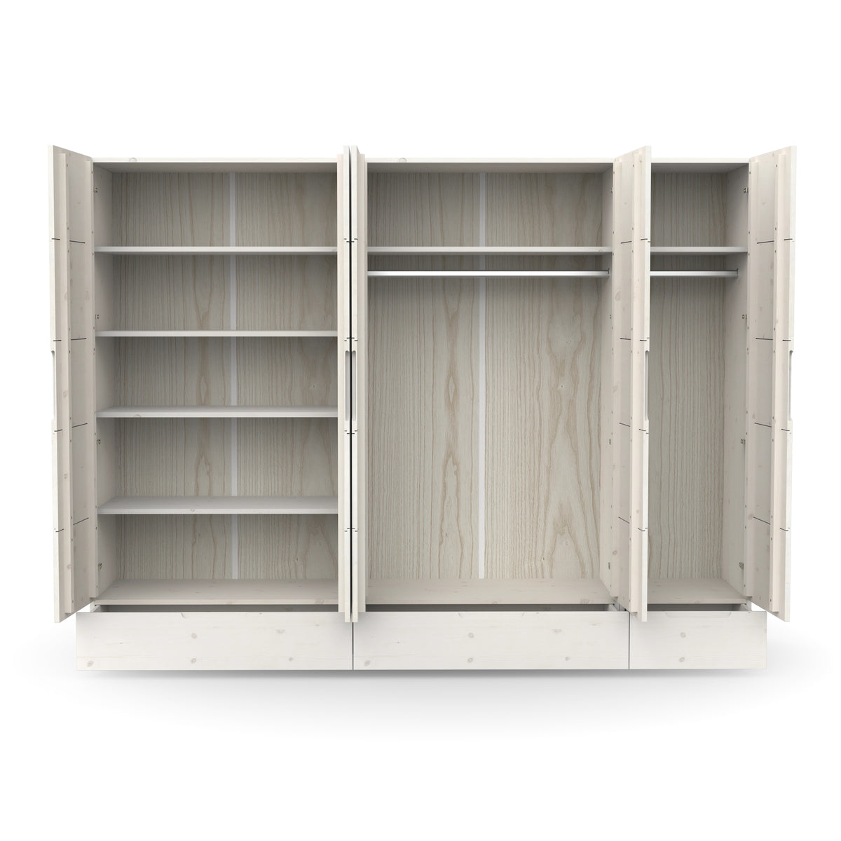 Zeitloser Kleiderschrank mit Brettern, Schubladen und Kleiderstange